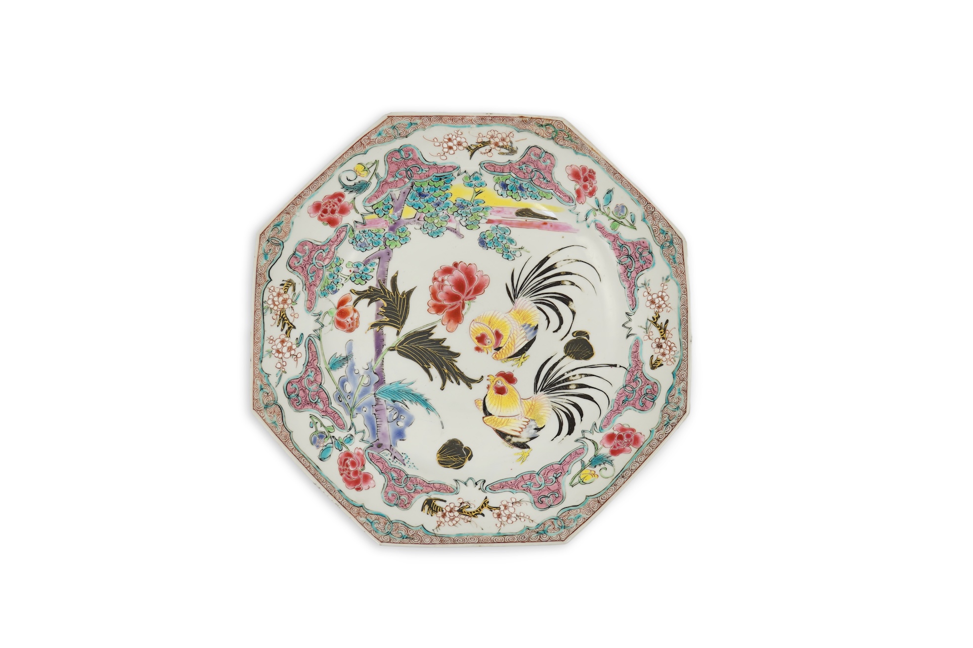 A Chinese famille rose ‘cockerel’ octagonal plate, Yongzheng period
